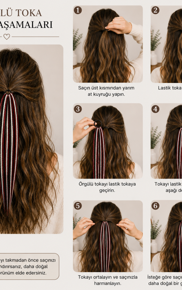 Bordo Beyaz Örgülü Toka – El Yapımı Modern Boho Saç Aksesuarı