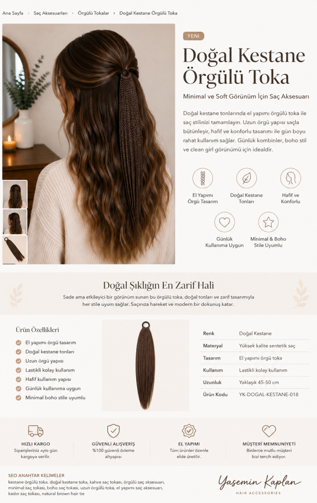 Doğal Kestane Örgülü Toka – El Yapımı Minimal Boho Saç Aksesuarı
