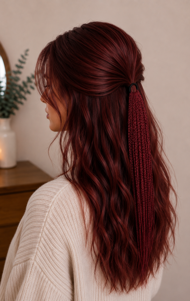 Kızıl Bordo Örgülü Toka – El Yapımı Modern Boho Saç Aksesuarı