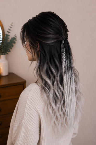 Siyah Beyaz Ombre Örgülü Toka – El Yapımı Modern Boho Saç Aksesuarı