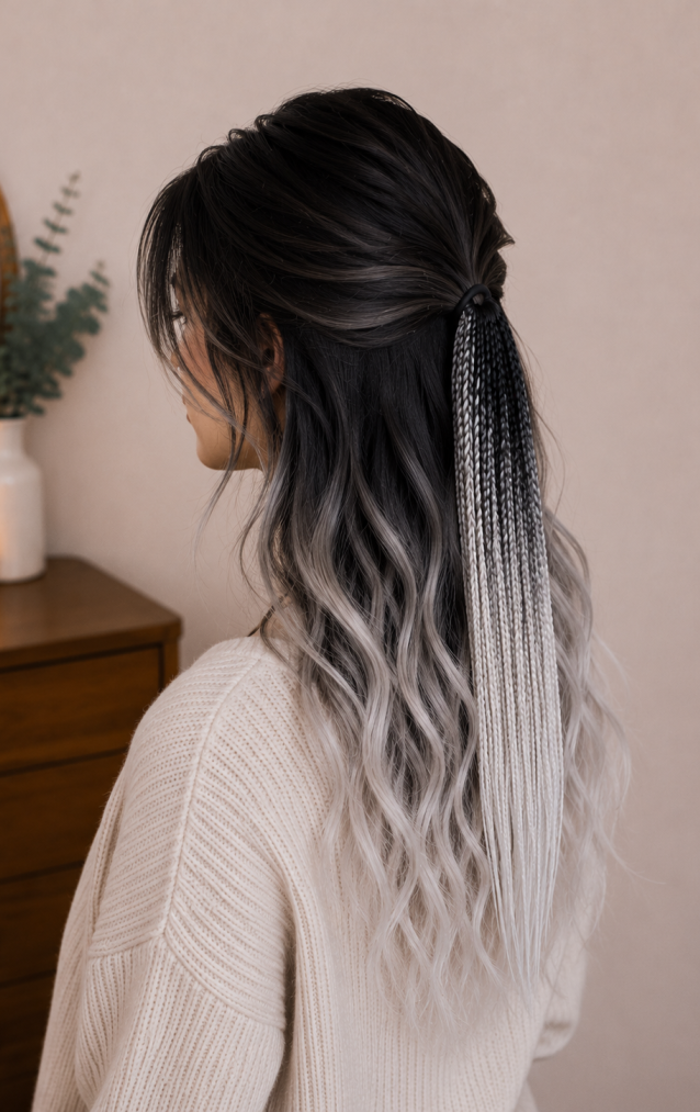 Siyah Beyaz Ombre Örgülü Toka – El Yapımı Modern Boho Saç Aksesuarı
