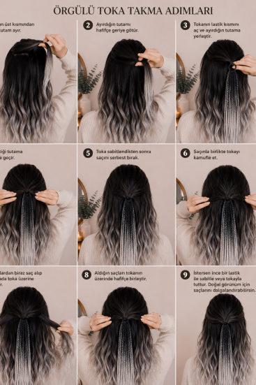 Siyah Beyaz Ombre Örgülü Toka – El Yapımı Modern Boho Saç Aksesuarı