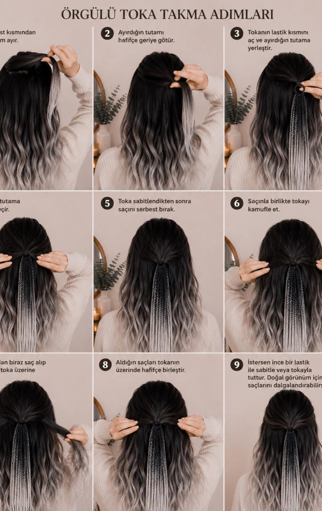 Siyah Beyaz Ombre Örgülü Toka – El Yapımı Modern Boho Saç Aksesuarı
