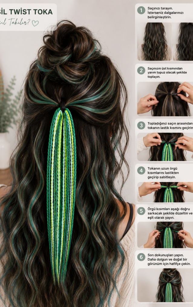 Yeşil Twist Örgülü Toka – El Yapımı Bohem Saç Aksesuarı